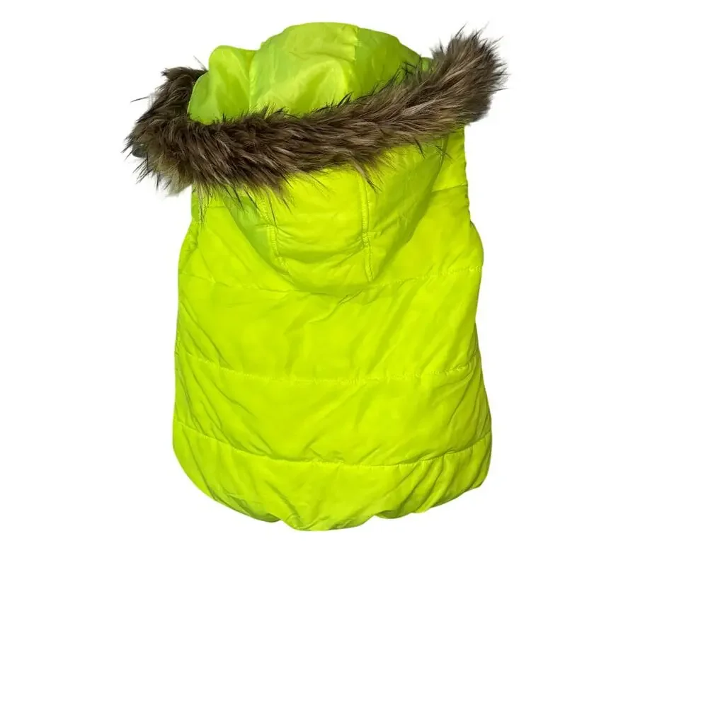 Justice Lime‎ Green Puffer Vest with Faux Fur Hood Girl Sz 14